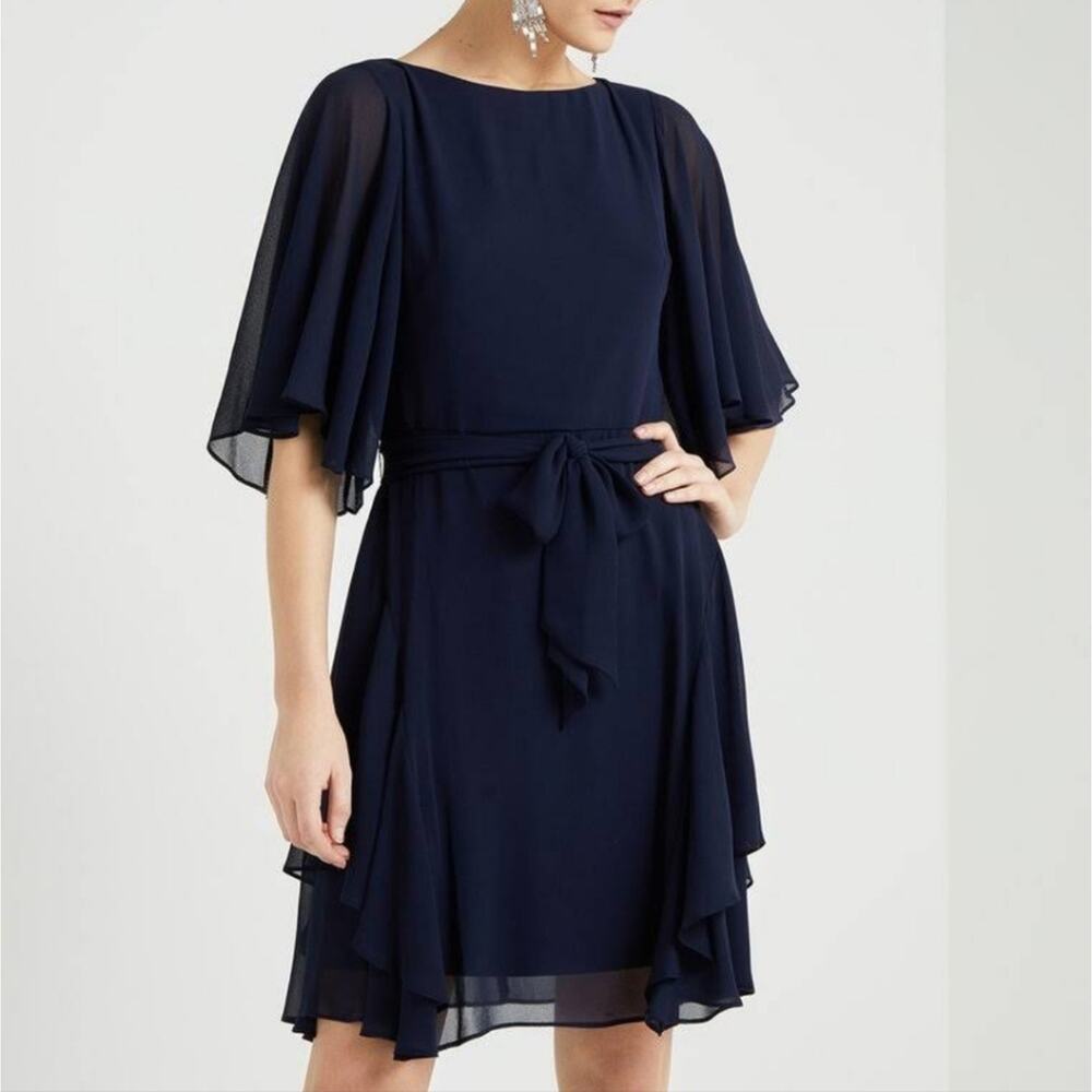 Lauren Ralph Lauren NWT Deep Navy Blue Flutter Sleeve Belted Crepe Mini Dress 2 - Picture 2 of 15